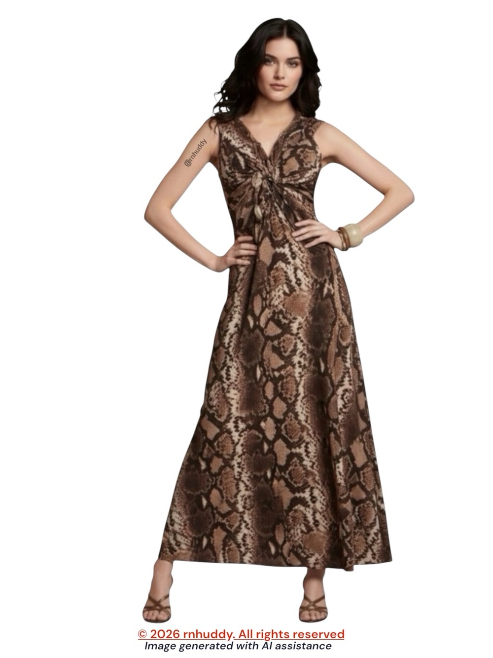 Chico's size 14 brown snakeskin print twist front maxi dress